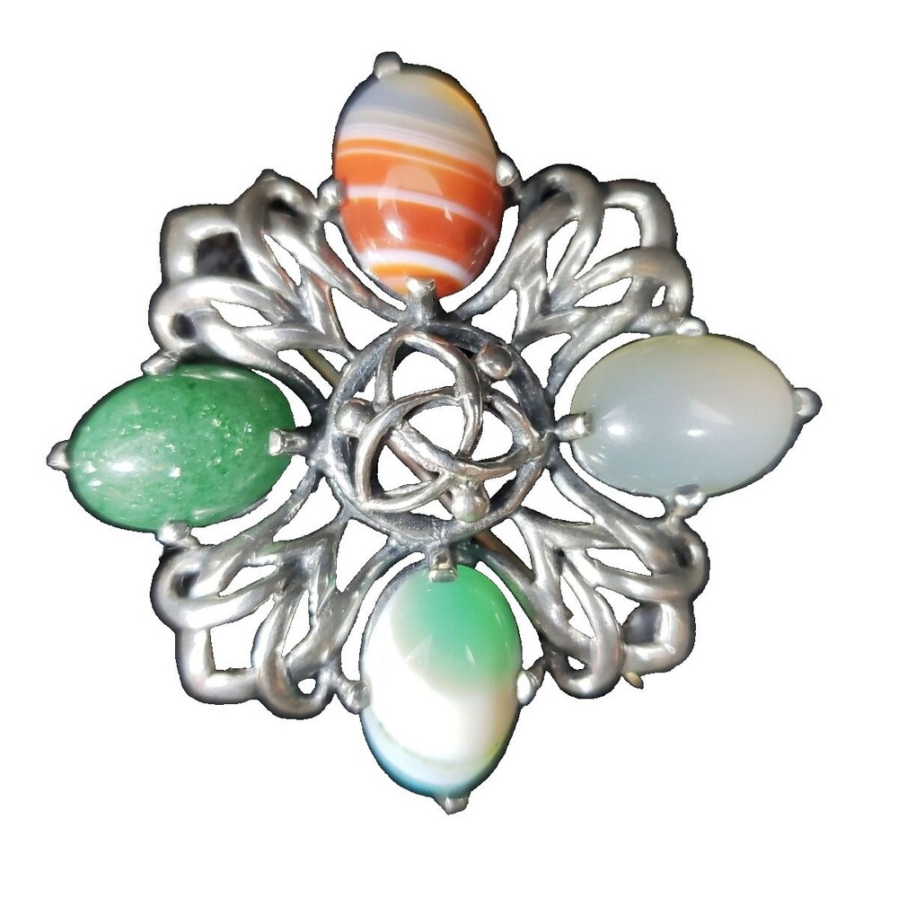 1960s Sterling Silver Celtic Cross Pin Brooch Agate Stones James Coull Scotland